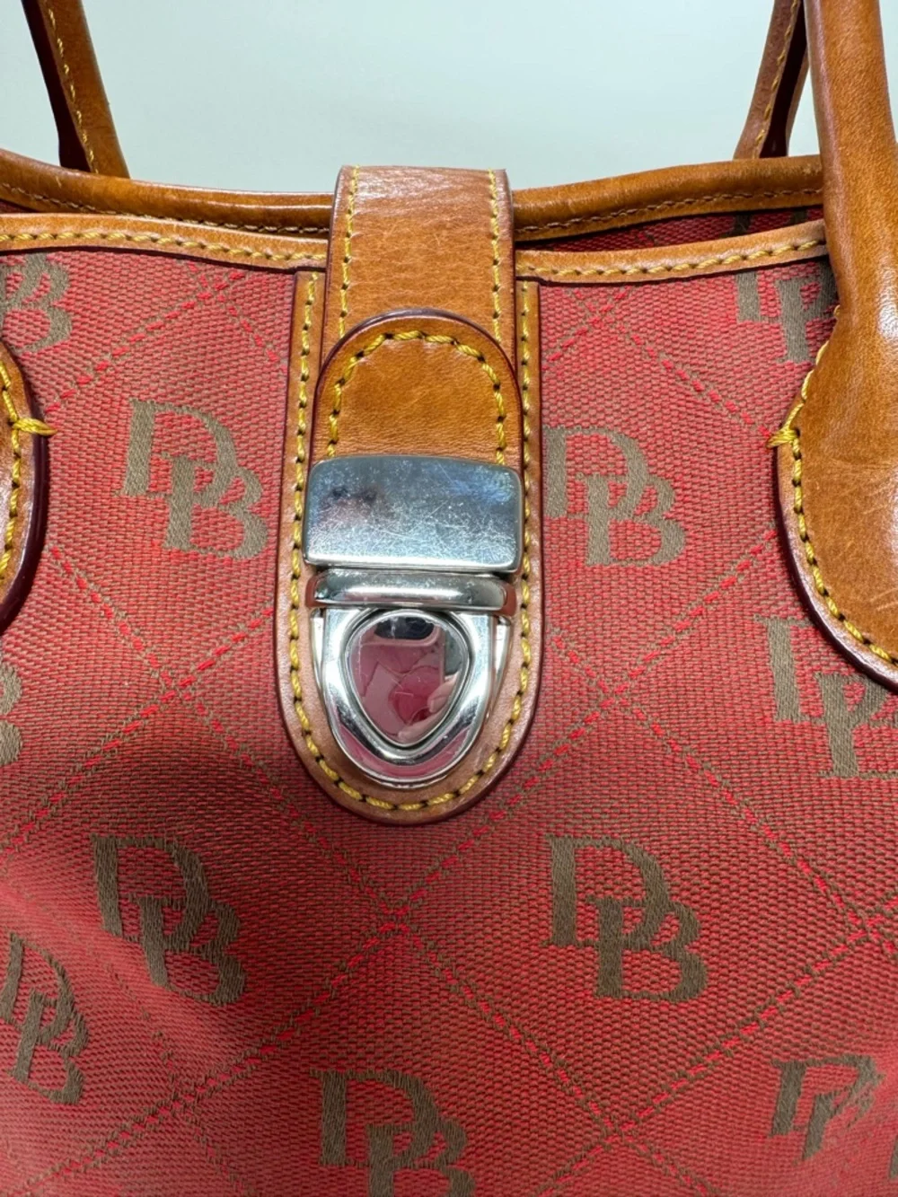 Dooney & Bourke Red Satchel with Brown Leather Trim